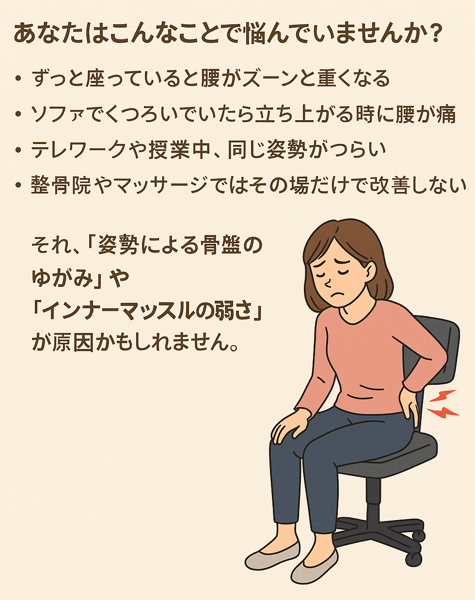 イスに座っていて腰痛を訴えている画像