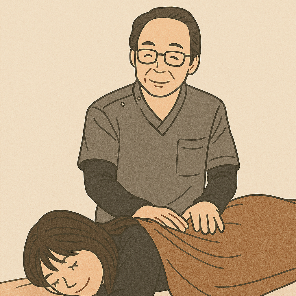 うつ伏せになっている女性に施術をする院長