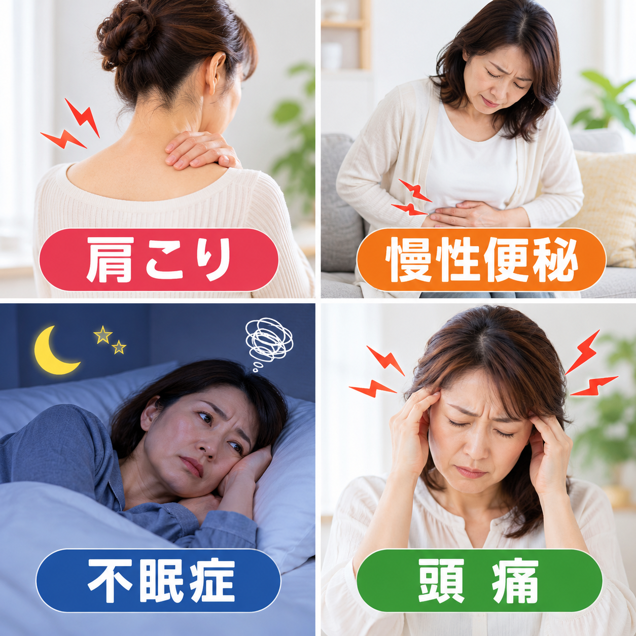 肩こり、慢性便秘、不眠症、頭痛で悩んでいる４人の女性