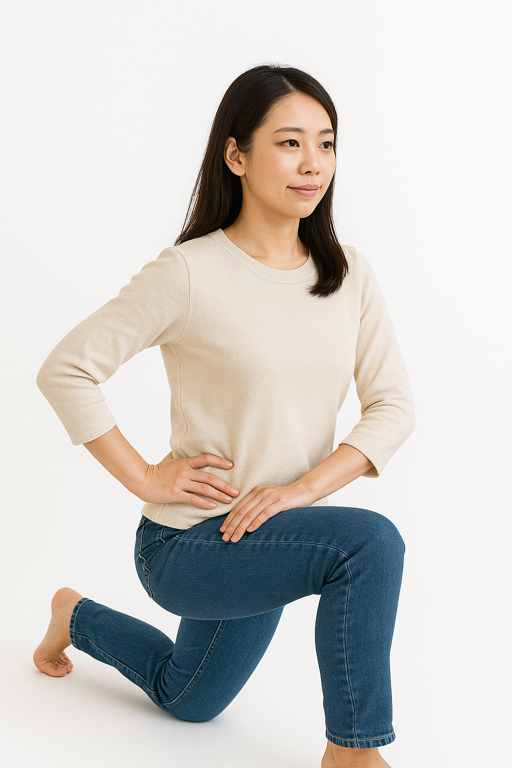 腸骨筋のストレッチをしている女性の画像