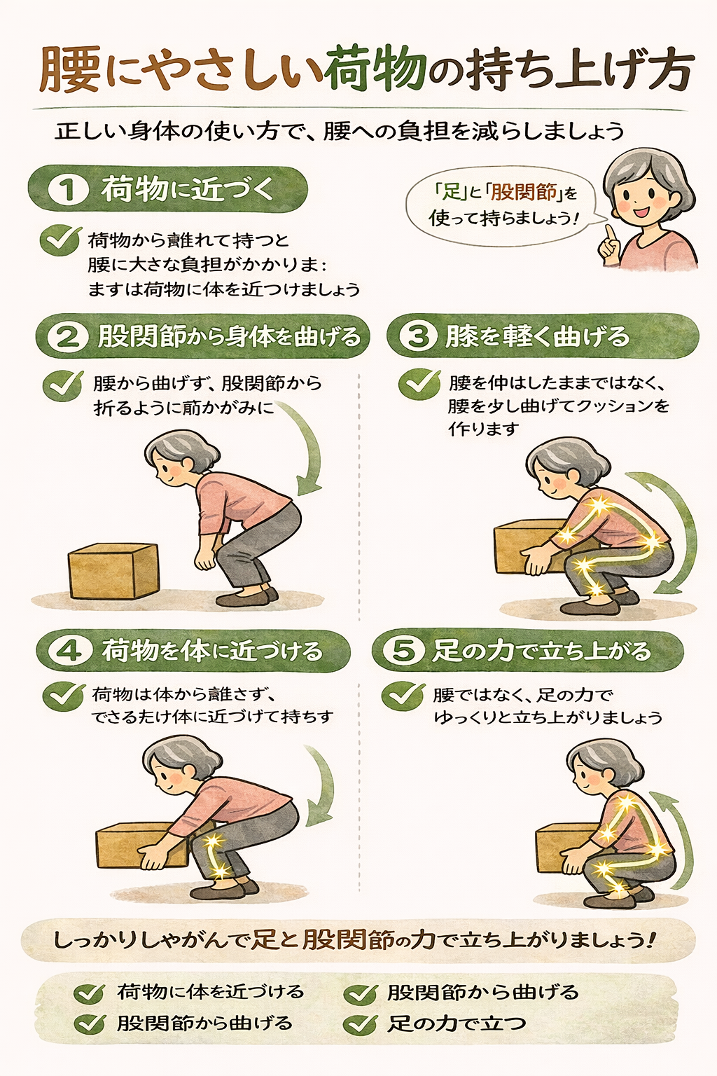 腰にやさしい荷物の持ち上げ方をする女性