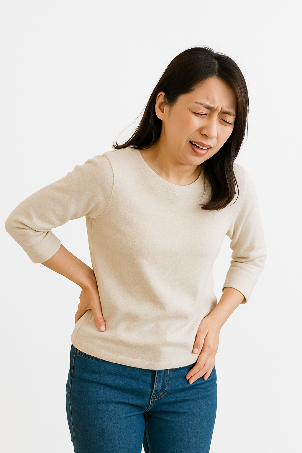 立った状態で腰を押さえ辛そうな女性の画像