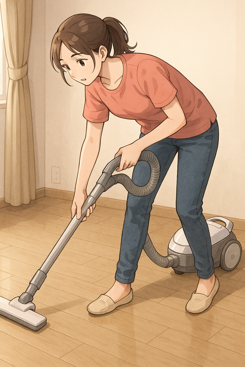 前かがみで掃除機で掃除をする女性
