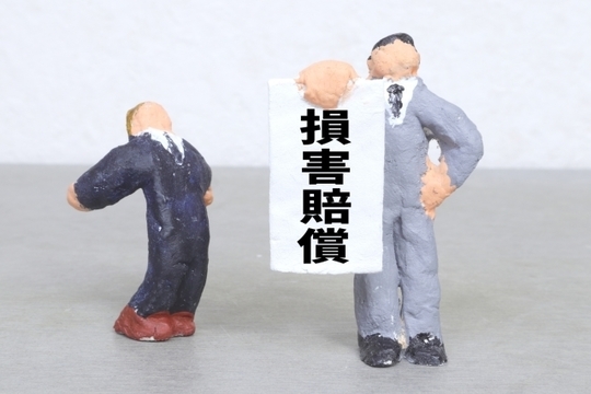 損害賠償と書かれた大きな垂れ幕を持っている人形の画像