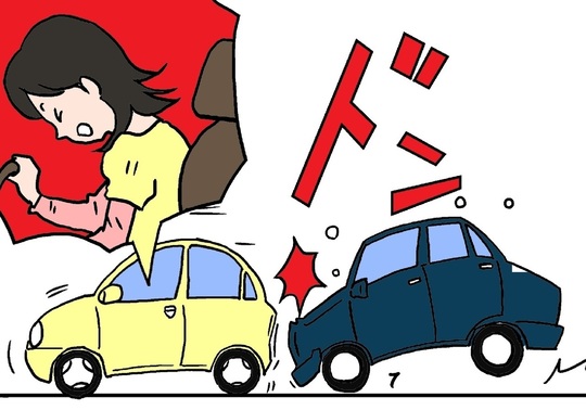 横から見た乗用車に乗用車が追突したイラスト