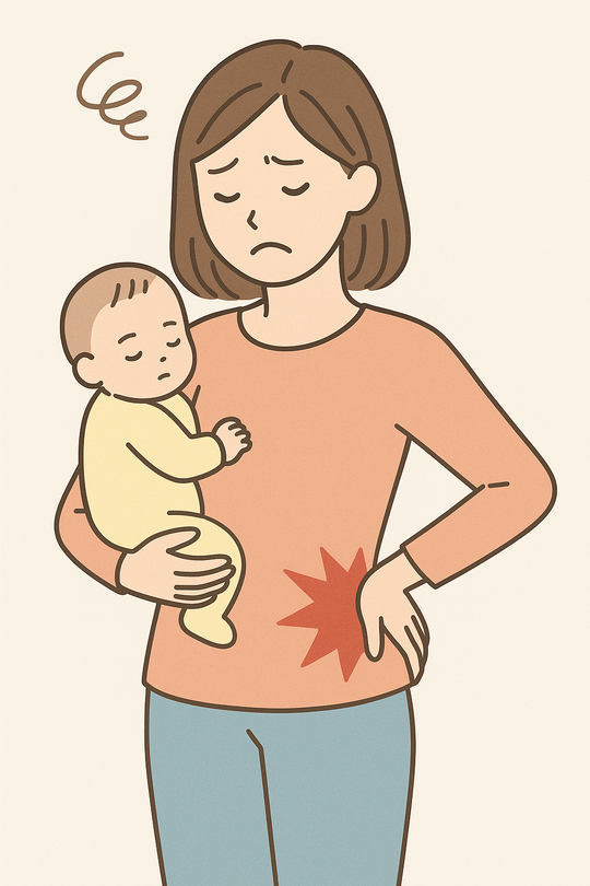 赤ちゃんを抱っこしながら腰痛を訴える女性